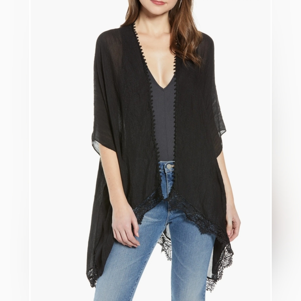 Nordstrom Treasure & Bond Lace Trim Ruana Open Front Wrap Kimono Coverup Black